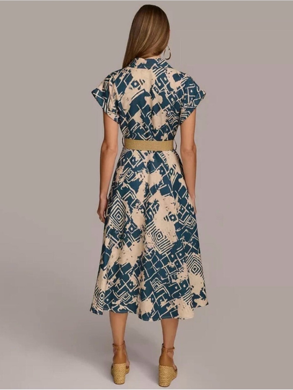 Donna Karan Women's Linen-Blend Printed Shirtdress - Picture 7 of 7